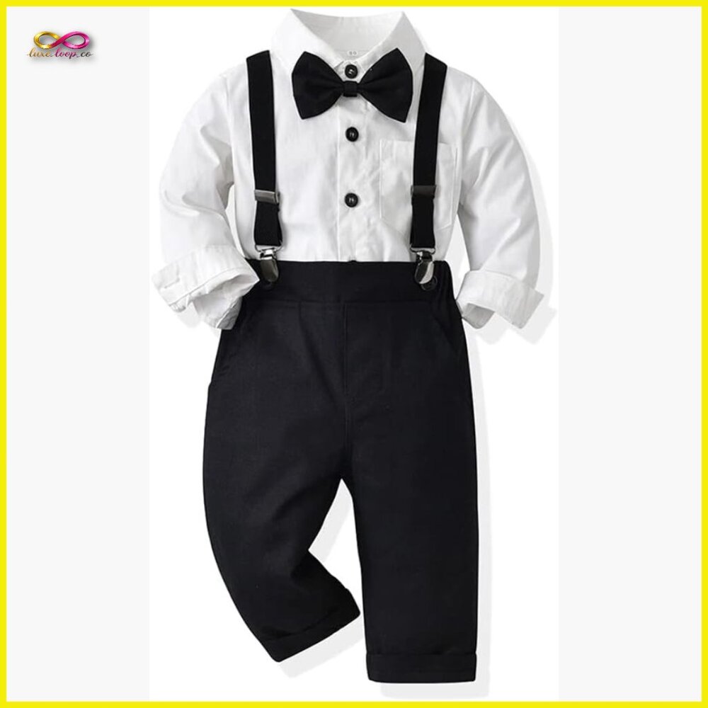 Classic Gentleman Suit Set with Bowtie Suspenders Formal Wedding Party Outfit